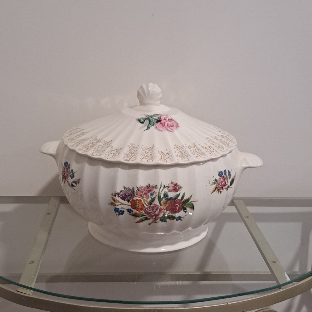 Vtg. Limoges-American Wales Round Covered Grannycore Chippy Bowl Circa 1900.